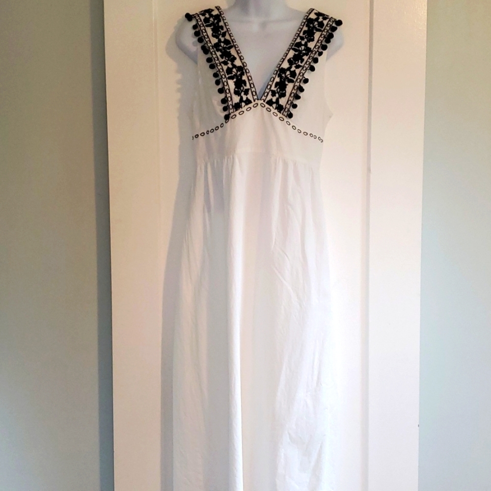 J. Crew White Maxi Dress with Black Embroidered V-Neck Trim